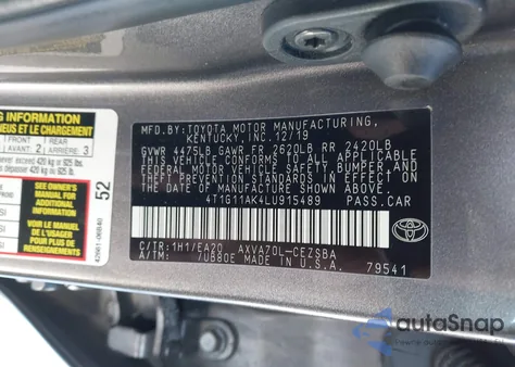 2020 Toyota Camry Se z USA, uszkodzony, nr VIN 4T1G11AK4LU915489